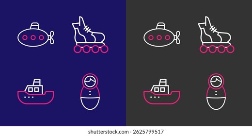 Set line Tumbler doll toy, Toy boat, Roller skate and Submarine icon. Vector