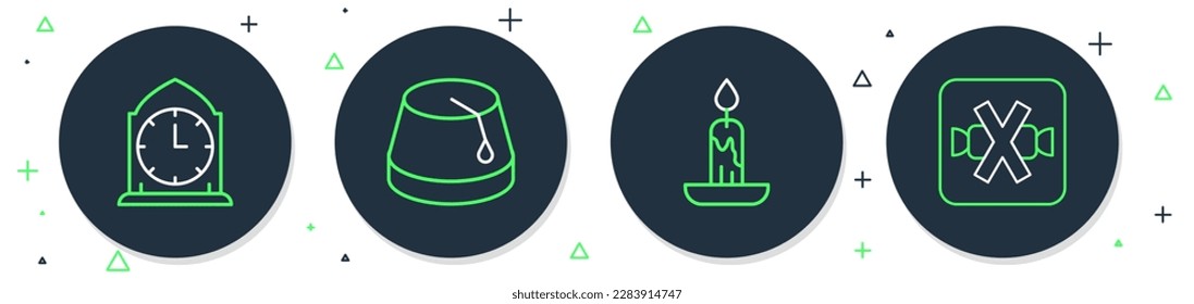 Set line Turkish hat, Burning candle, Clock and No sweets icon. Vector