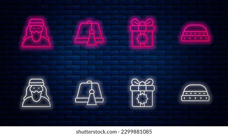 Set line Turkish hat, Gift box, Muslim man and for prayer. Glowing neon icon on brick wall. Vector