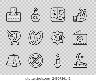 Set line Turkish hat, Muslim man prays, Ramadan fasting, No alcohol, Donate or pay your zakat, Date fruit, Burning candle and Octagonal star icon. Vector