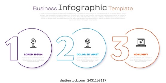 Set line Turn back road sign, Hotel for traffic and Laptop with location marker. Business infographic template. Vector