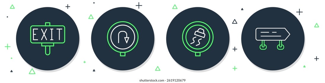 Set line Turn back road sign, Slippery traffic, Fire exit and Road icon. Vector