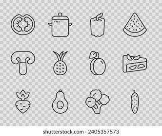 Set line Turnip, Cucumber, Bell pepper, Avocado, Tomato, Pineapple, Broccoli and Homemade fruit pie icon. Vector