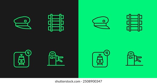 Torniquete de la línea del sistema, reservación de boletos en línea, sombrero del conductor del tren y ferrocarril, icono de la pista del ferrocarril. Vector