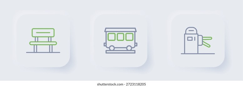 Set Linie Drehkreuz, Personenzug Autos und Wartezimmer Symbol. Vektorgrafik