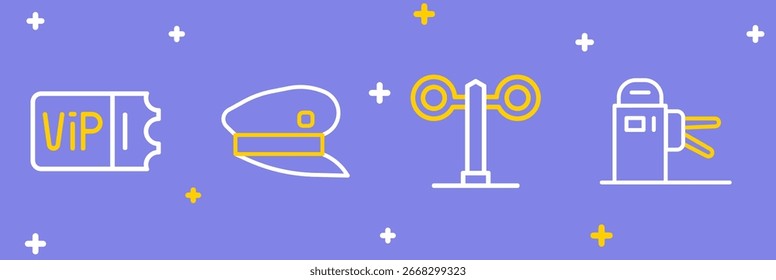 Fije el torniquete de la línea, el semáforo del tren, el sombrero del conductor y el icono del boleto. Vector