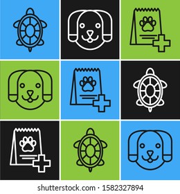 Set line Turtle, Bag of food for dog and Dog icon. Vector