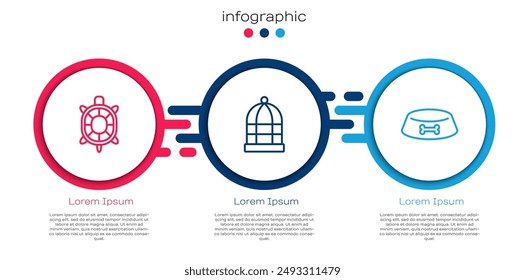 Set line Turtle, Cage for birds and Pet food bowl cat dog. Business infographic template. Vector