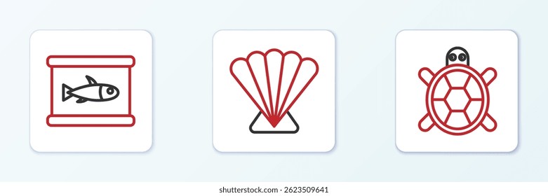 Set line Turtle, Canned fish and Scallop sea shell icon. Vector