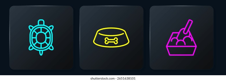 Set line Turtle, bandeja de arena para gatos con pala y cuenco de comida para mascotas para gatos o perros. Botón cuadrado negro. Vector