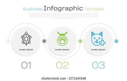 Set line Turtle, Collar with name tag and Veterinary clinic symbol. Business infographic template. Vector
