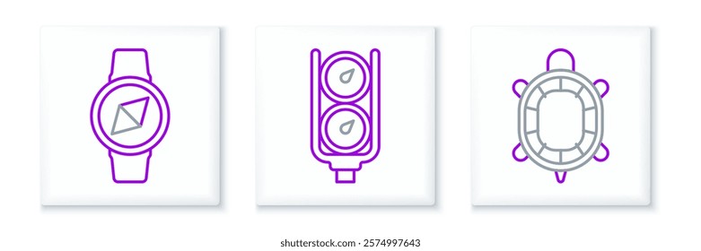 Set line Turtle, Compass and Gauge scale icon. Vector