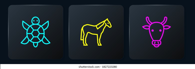 Set line Turtle, Cow head and Horse. Black square button. Vector