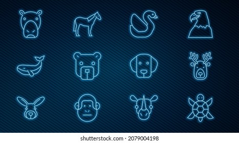 Set line Turtle, Deer head with antlers, Swan bird, Bear, Whale, Hippo or Hippopotamus, Dog and Horse icon. Vector