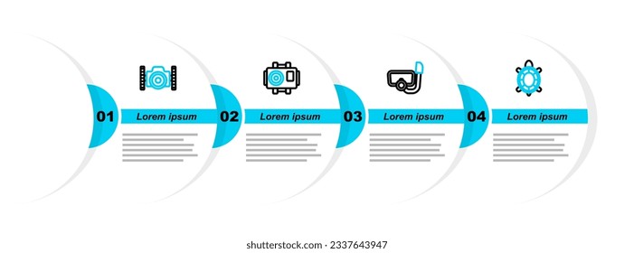 Set line Turtle, Diving mask with snorkel, Photo camera for diver and  icon. Vector