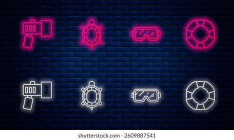 Set line Turtle, Diving mask, Flashlight and Lifebuoy. Glowing neon icon on brick wall. Vector