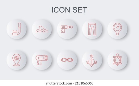 Fijar la línea Tortuga, Flippers para nadar, Arpón de pesca, Ancla, Snorkel, Tiburón, Buceador de linterna e ícono de Glasses. Vector