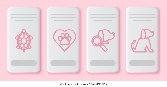 Set line Turtle, Heart with animals footprint, Veterinary clinic symbol and Dog. White rectangle button. Vector