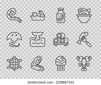 Set line Turtle, Lobster, Sea cucumber in jar, Mussel, Octopus of tentacle, Whale tail ocean wave, Jellyfish and Served on plate icon. Vector