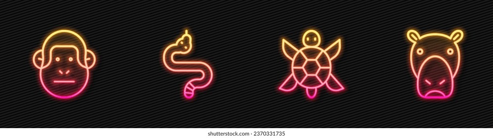 Set line Turtle, Monkey, Snake and Hippo or Hippopotamus. Glowing neon icon. Vector