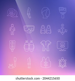 Set line Turtle, Scallop sea shell, Anchor, Diving hood, mask, Wetsuit for scuba diving,  and Flippers swimming icon. Vector