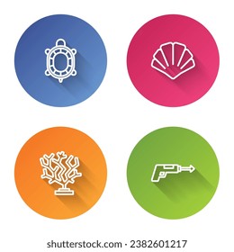 Set line Turtle, Scallop sea shell, Coral and Fishing harpoon. Color circle button. Vector