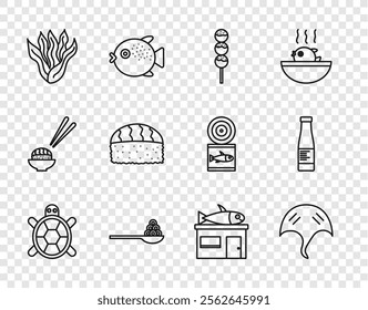 Set line Turtle, Stingray, Takoyaki on stick, Caviar spoon, Seaweed, Sushi, Seafood store and Sauce bottle icon. Vector