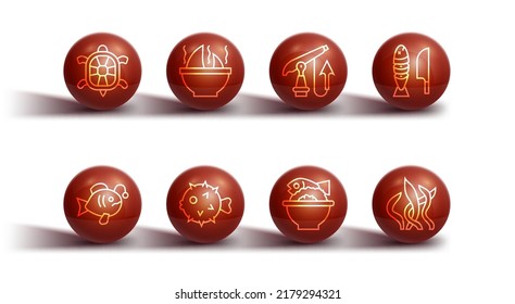 Set line Turtle, Tropical fish, Fish with sliced pieces, Served on bowl, hedgehog, Shark fin soup, Seaweed and Fishing harpoon icon. Vector
