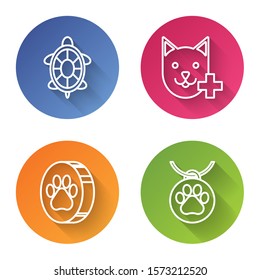 Set line Turtle, Veterinary clinic symbol, Paw print and Collar with name tag. Color circle button. Vector