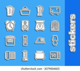 Set line TV box receiver and player with remote controller, Table lamp, Electric heater, Blender, Stereo speaker, Alarm clock, Measuring cup and Scales icon. Vector