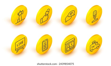 Set line TV News car, Information, Live report, Microphone, Speech bubble chat, Journalist news and Antenna icon. Vector