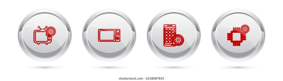 Set line Tv setting, Microwave oven, Mobile Apps and Processor. Silver circle button. Vector