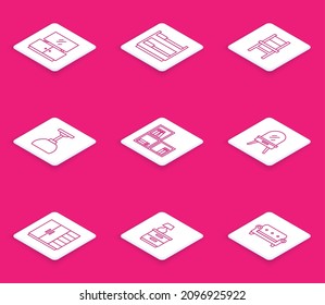 Set-Line-TV-Tisch-Ständer, Stockbett, Stuhl, Lampenaufhängung, Regal mit Büchern, Dressing, Garderobe und Möbel Nachttisch Lampe Symbol. Vektorgrafik