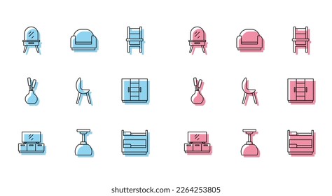 Fijar el soporte de la mesa de TV de línea, el colgante de la lámpara, el vestido, la cama de maletero, el sillón, el armario, la caja de cambios y el icono. Vector