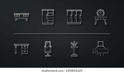 Set-Line TV-Tisch Ständer, Office-Schreibtisch, Dressing, Coat, Big-Längen-Spiegel, Wardrobe, Küchenextraktor-Ventilator und Icon. Vektorgrafik