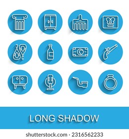 Set line TV table stand, Microphone, Ancient column, Smoking pipe, Gold ring, Bottle of wine, Vintage pistol and Stacks paper money cash icon. Vector