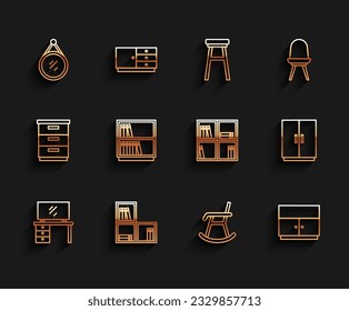 Ponga un soporte de mesa de TV en línea, un estante con libros, un espejo, un sillón, un armario, una biblioteca y un icono. Vector