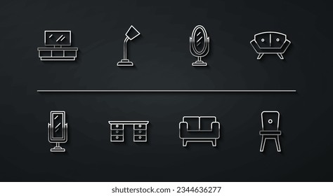 Set-Line-TV-Tisch Ständer, großer Spiegel, Sofa, Schreibtisch, Tischlampe, Stuhl und Spiegel Symbol. Vektorgrafik