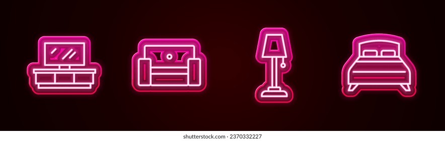 Ponga un soporte de mesa de TV en línea, un sillón, una lámpara de piso y una cama grande. Icono de neón brillante. Vector