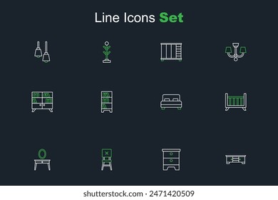 Set line TV table stand, Furniture nightstand, Chair, Dressing, Baby crib cradle bed, Big, Lamp hanging and Library bookshelf icon. Vector