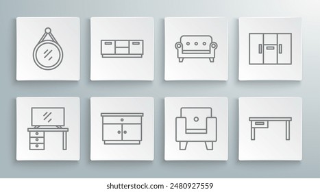 Set line TV table stand, Furniture nightstand, Armchair, Office desk, Sofa, Wardrobe and Mirror icon. Vector