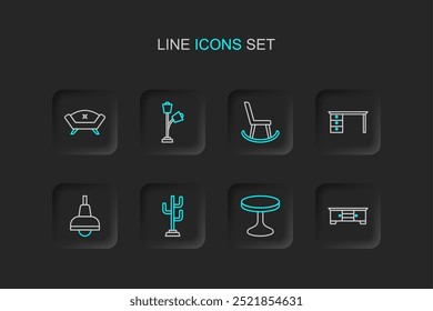 Set line TV table stand, Round, Coat, Lamp hanging, Office desk, Armchair, Floor lamp and Sofa icon. Vector