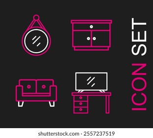 Set line TV table stand, Sofa, Furniture nightstand and Mirror icon. Vector