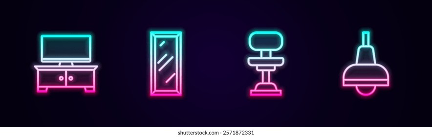 Set line TV table stand, Big full length mirror, Office chair and Lamp hanging. Glowing neon icon. Vector