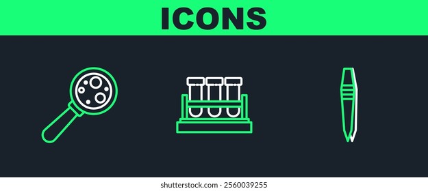 Set line Tweezers, Microorganisms under magnifier and Test tube and flask chemical icon. Vector