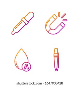 Set line Tweezers, Water drop, Pipette and Magnet. Gradient color icons. Vector