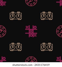 Set line Twister game, Time chess clock and Tic tac toe on seamless pattern. Vector