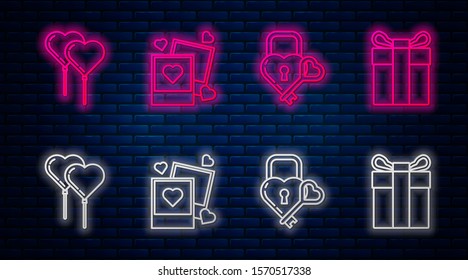 Set line Two blanks photo frames and hearts, Castle in the shape of a heart and key, Balloons in form of heart with ribbon and Gift box. Glowing neon icon on brick wall. Vector