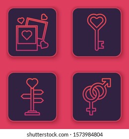 Set line Two blanks photo frames and hearts, Signpost with heart, Key in heart shape and Gender. Blue square button. Vector