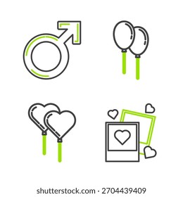 Set line Two blanks photo frames and hearts, Balloons in form of with ribbon,  and Male gender symbol icon. Vector